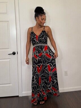 Erica Brooke Collection Maxi Dress Women’s 28W Black Red Floral Spaghetti Strap